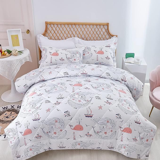 JSD Girls Mermaid Twin Comforter Set for Girls, 2 Piece Kids Printed Comforter with Pillow Sham, Soft Comfortable Machine Washable - LeafyLoom
