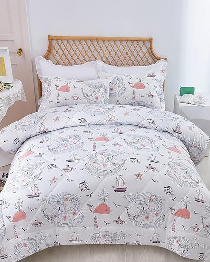 JSD Girls Mermaid Queen Comforter Set for Girls, 3 Piece Kids Printed Comforter with Pillow Shams, Soft Comfortable Machine Washable - LeafyLoom