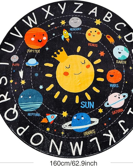 Round ABC Kids Rug,5.2 Ft Soft Circle Alphabet Playroom Rug,Washable Non-Slip Solar System Kids Play Rug,Space Educational Rug Kids Carpet for Classroom Playroom Bedroom Kids Room Decor - LeafyLoom