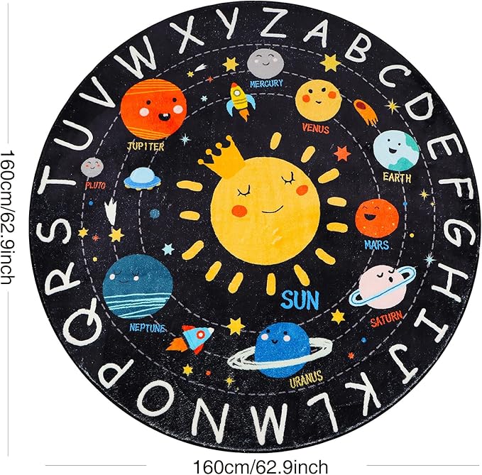 Round ABC Kids Rug,5.2 Ft Soft Circle Alphabet Playroom Rug,Washable Non-Slip Solar System Kids Play Rug,Space Educational Rug Kids Carpet for Classroom Playroom Bedroom Kids Room Decor - LeafyLoom