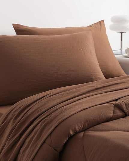 NTBAY Twin Comforter Set with Sheets, 5 Pieces Soft and Breathable Twin Bedding Set, Twin Bed in a Bag, Down Alternative Comforter Set Solid Color All Season, Kids Bedding Set, Brown - LeafyLoom