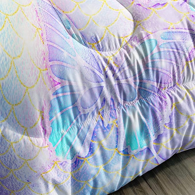 CVHOUSE Butterfly Comforter Set Full Size,Rainbow Mermaid Butterfliy Bedding Set for Kids Girls,Rainbow Mermaid Butterflies Quilt Set Butterfly Duvet Set Girl's Bedroom Decor 3 Pieces - LeafyLoom
