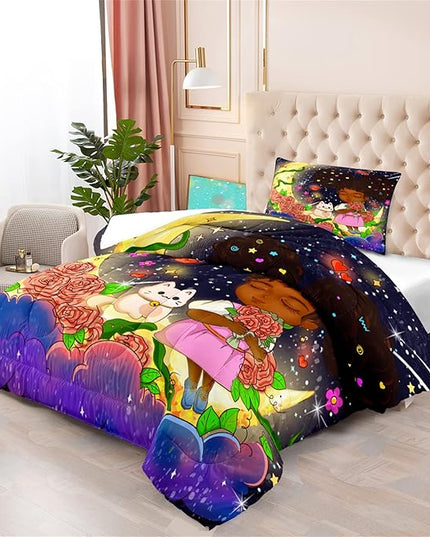 Black Girl Comforter Set Twin - 2Pcs Black Girl Twin Comforter Set for Girls, Twin Size Black Girls Bedding Set, Ultra Soft Breathable Starry Moon Prints Kids Comforter Set with 1 Pillowcase - LeafyLoom