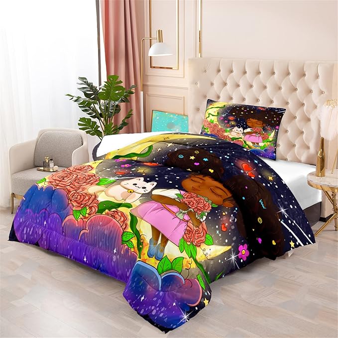 Black Girl Comforter Set Twin - 2Pcs Black Girl Twin Comforter Set for Girls, Twin Size Black Girls Bedding Set, Ultra Soft Breathable Starry Moon Prints Kids Comforter Set with 1 Pillowcase - LeafyLoom