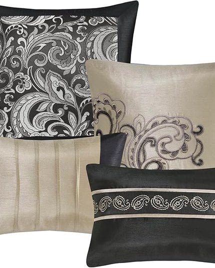Madison Park Essentials Brystol 24 Piece Room in a Bag Faux Silk Comforter Jacquard Paisley Design Matching Curtains Down Alternative All Season Bedding-Set, Queen(90 in x 90 in), Black 24 Piece - LeafyLoom
