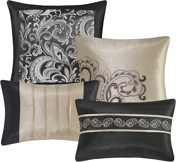 Madison Park Essentials Brystol 24 Piece Room in a Bag Faux Silk Comforter Jacquard Paisley Design Matching Curtains Down Alternative All Season Bedding-Set, Queen(90 in x 90 in), Black 24 Piece - LeafyLoom