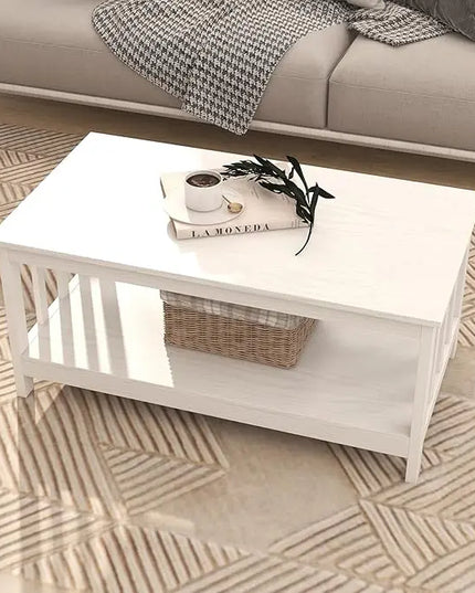 ChooChoo Farmhouse Coffee Table, Pure White Living Room Table with Shelf, 40 Inch - LeafyLoom