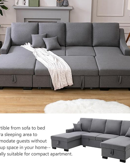 104.7" Upholstery Sleeper Sectional Sofa with Double Storage Chaise and 2 Tossing Cushions, U-Shaped Corner Couch w/Pulled Out Bed for Living Room, Apartment and Office, Grey, 104.7 Inch - LeafyLoom