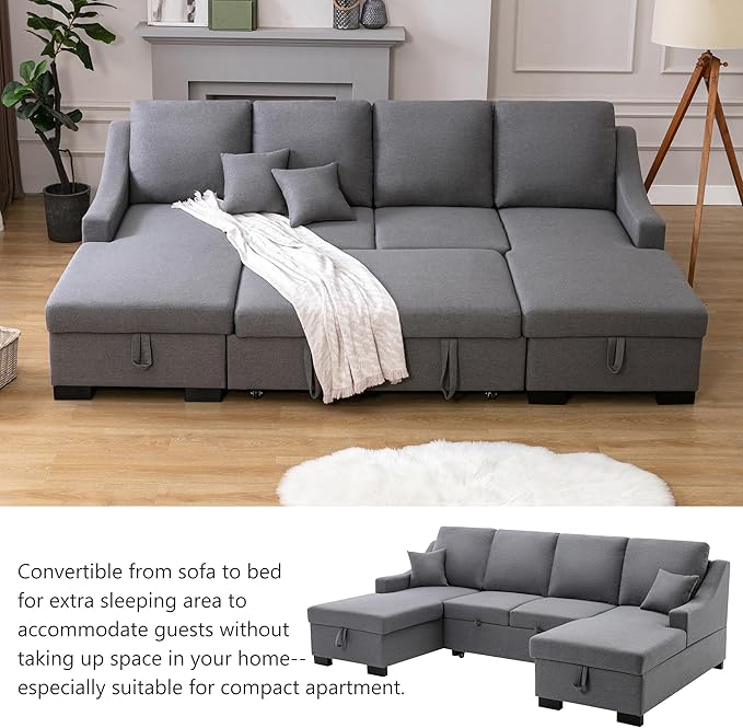 104.7" Upholstery Sleeper Sectional Sofa with Double Storage Chaise and 2 Tossing Cushions, U-Shaped Corner Couch w/Pulled Out Bed for Living Room, Apartment and Office, Grey, 104.7 Inch - LeafyLoom