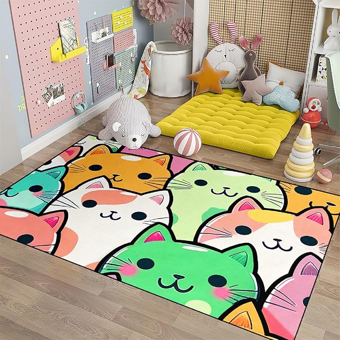Cat Rug for Girls Room - Cat Pattern Rug Decor for Bedroom Cute Cat Area Rug Carpet Cartoon Cat Rug Kids Room, 2.5x4 Feet - LeafyLoom