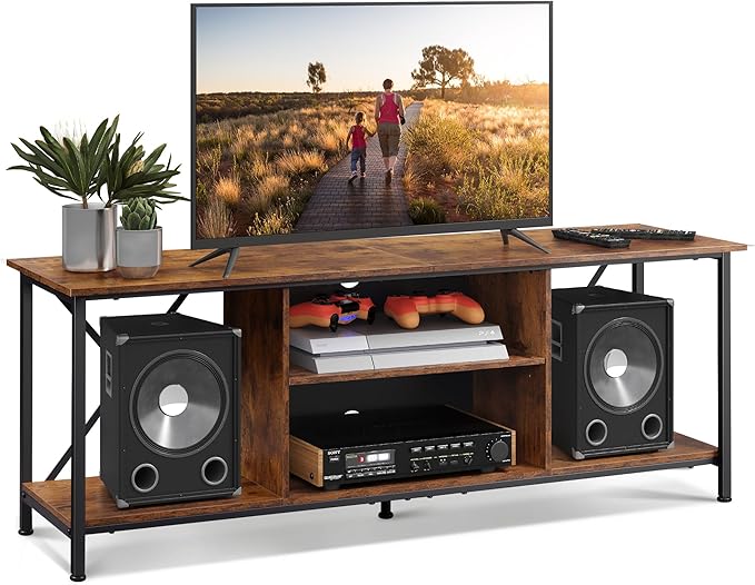 WLIVE TV Stand up to 65 Inch TV, 55" Entertainment Center, Industrial TV Console with Open Storage Shelf for Living Room and Bedroom, Rustic Brown - LeafyLoom