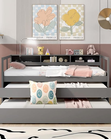 Twin XL Wood Daybed with 2 Trundles, 3 Storage Cubbies, 1 Light for Free and USB Charging Design, for Bedroom/Living Apartment/Guest-Room,Gray - LeafyLoom