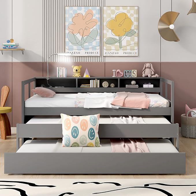 Twin XL Wood Daybed with 2 Trundles, 3 Storage Cubbies, 1 Light for Free and USB Charging Design, for Bedroom/Living Apartment/Guest-Room,Gray - LeafyLoom