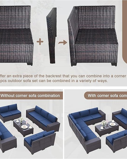 Patio Furniture Set Sofa 12-Pieces Wicker Sectional Sofa Set, Outdoor Furniture Rattan Patio Conversation Set with Thickened Cushions and Glass Coffee Table, Navy Blue - LeafyLoom