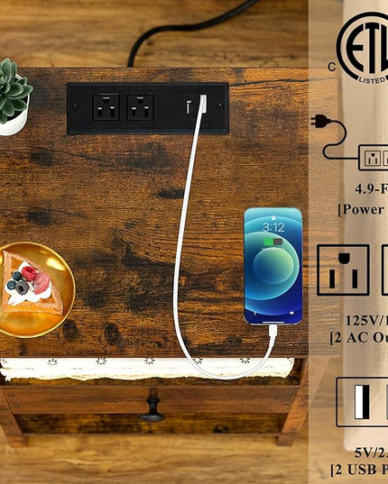 Lerliuo Nightstand with Charging Station and USB Ports, 3-Tier Storage End Table with Drawer Shelf, Night Stand for Small Spaces, Wood Bedside Table for Living Room, Bedroom - Retro Brown… - LeafyLoom