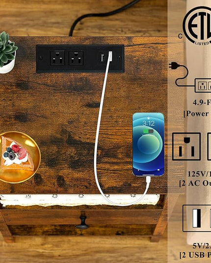 Lerliuo Nightstand Set of 2 with Charging Station and USB Ports, 3-Tier Storage End Table with Drawer Shelf, Night Stand for Small Spaces, Wood Bedside Table for Living Room, Bedroom-Brown - LeafyLoom