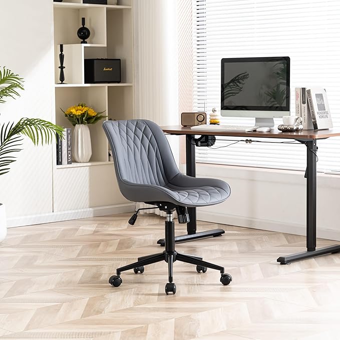 YOUNIKE Desk Chair with Wheels Armless Office Chair Swivel Rolling Task Chair with Back Upholstered Faux Leather Computer Chair Height Adjustable Modern Widened Seat Dusty Blue - LeafyLoom