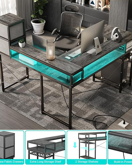 armocity L Shaped Desk with Drawers, Reversible Corner Computer Desk with LED Light & Power Outlet, 55.2'' L-Shaped Gaming Desk with Long Monitor Shelf, Home Office Desk for Small Corner Space, Grey - LeafyLoom