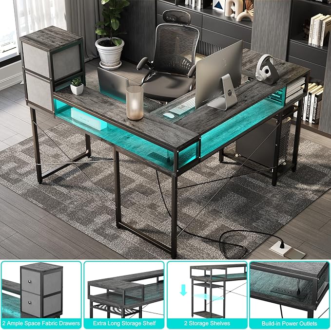 armocity L Shaped Desk with Drawers, Reversible Corner Computer Desk with LED Light & Power Outlet, 55.2'' L-Shaped Gaming Desk with Long Monitor Shelf, Home Office Desk for Small Corner Space, Grey - LeafyLoom