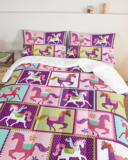 HOSIMA 3Pcs Kawaii Kids Horse Comforter Set with 2 Pillowcases,Colorful Dots Style Twin Bed in a Bag Sets for Adults Teens,Horse Pony Twin Comforter Princess Toddler Bedding Set. - LeafyLoom