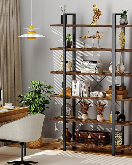 FRAPOW Bookshelf, 6 Tier Book Shelf 83Inch Tall Bookcase, Industrial Large Bookshelves Rustic Book Case with Open Metal Frame for Office, Bedroom, Farmhouse, Living Room - LeafyLoom