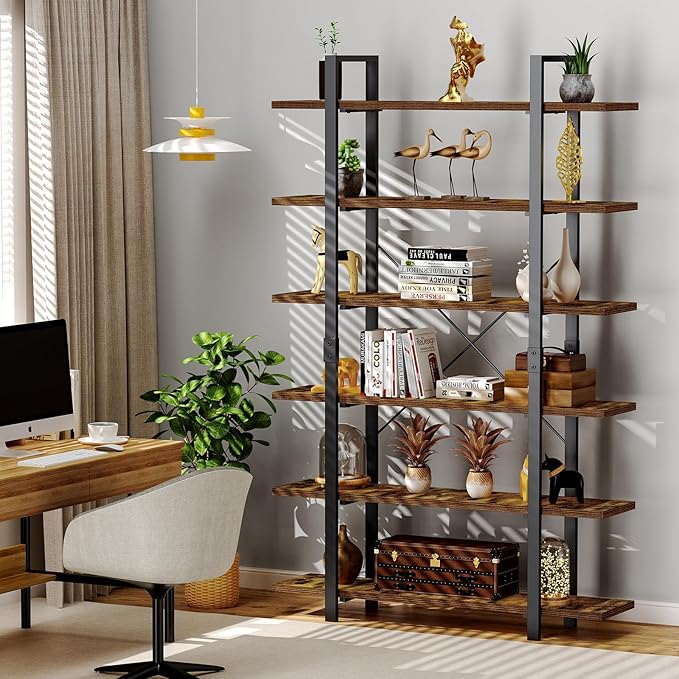FRAPOW Bookshelf, 6 Tier Book Shelf 83Inch Tall Bookcase, Industrial Large Bookshelves Rustic Book Case with Open Metal Frame for Office, Bedroom, Farmhouse, Living Room - LeafyLoom