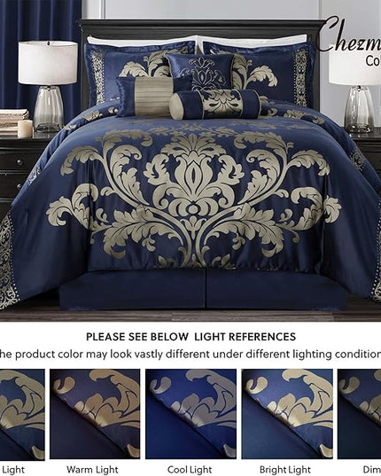 Chezmoi Collection 7-Piece Jacquard Floral Comforter Set (Full, Navy/Gold) - LeafyLoom