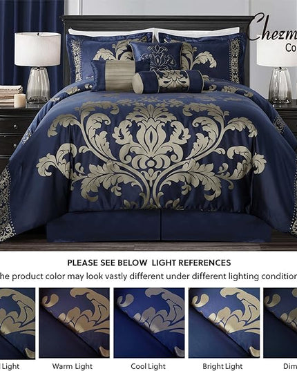Chezmoi Collection Royale 7-Piece Jacquard Floral Comforter Set, Oversized King, Navy/Gold - LeafyLoom
