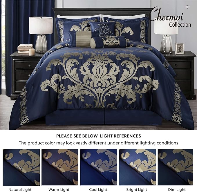 Chezmoi Collection Royale 7-Piece Jacquard Floral Comforter Set, Oversized King, Navy/Gold - LeafyLoom
