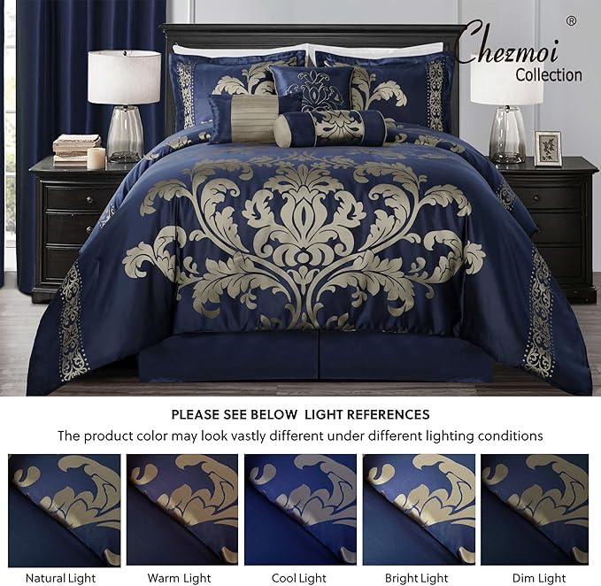 Chezmoi Collection 7-Piece Jacquard Floral Comforter Set (Queen, Navy/Gold) - LeafyLoom