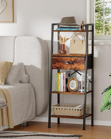 Furologee 4 Tier Ladder Shelf, Narrow Ladder Book Shelf with Drawer, Modern Bookcase Freestanding Shelf Units, Storage Shelves Organizer for Bedroom, Living Room, Bathroom, Home Office, Rustic Brown - LeafyLoom
