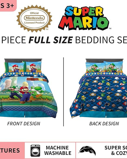 Franco Kids Bedding Super Soft Comforter and Sheet Set, (5 Piece) Full Size, Mario - LeafyLoom