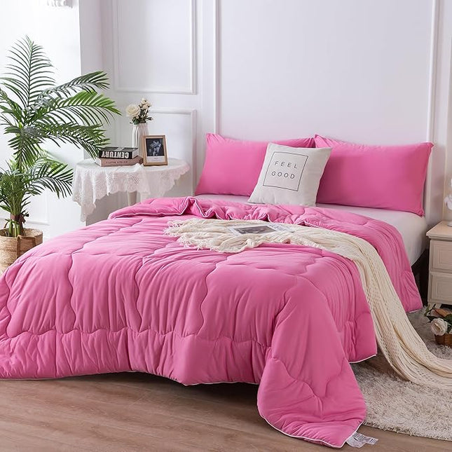 COTTEBED Softness Comforter Set KING Size Bed, Jersey Knit T-Shirt Feel Ultra-Soft Breathable Comy Cozy Lightweight Bedding Down Blanket Pillowsham Women Girl All Season, California/Cal King Rose Pink - LeafyLoom