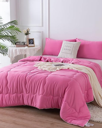 COTTEBED Rose Pink Comforter Queen Size, Jersey Knit T-Shirt Feel Ultra-Soft Cute Cozy Durable Lightweight Bedding Blanket Down Conforter Set and Pillowcase for Women Girl All Season Use Full/Queen - LeafyLoom