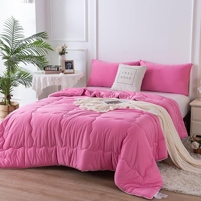 COTTEBED Rose Pink Comforter Queen Size, Jersey Knit T-Shirt Feel Ultra-Soft Cute Cozy Durable Lightweight Bedding Blanket Down Conforter Set and Pillowcase for Women Girl All Season Use Full/Queen - LeafyLoom