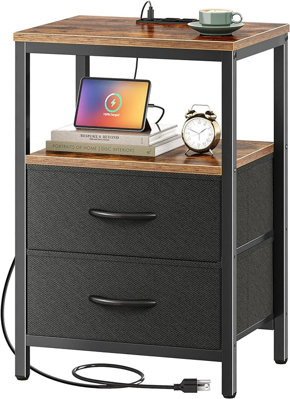 Nightstand with Charging Station, Side Table with Fabric Drawers, End Table with Open Shelf, Bedside Table with USB Ports and Outlets, Night Stand for Bedroom, Rustic Brown and Black - LeafyLoom