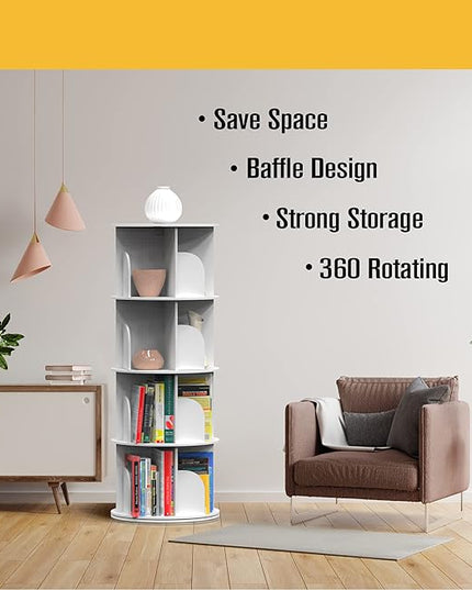Rotating Bookshelf, Revolving Bookcase, Spinning Book Shelf, 4 Tier, 18.2” W x 50.6” H, White, Wood, 360 Degrees Bookshelves, Floor Stand, Rotation Display Tower, Stackable, Round, for Kids, Children - LeafyLoom