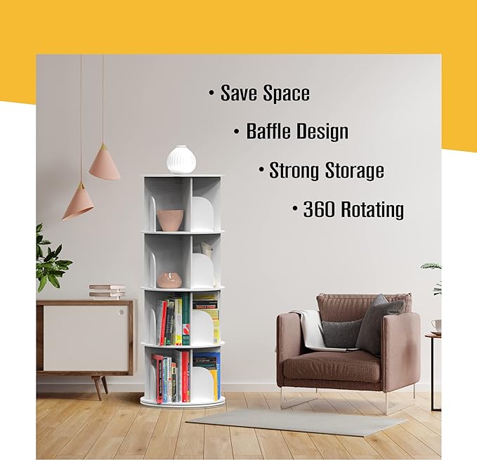 Rotating Bookshelf, Revolving Bookcase, Spinning Book Shelf, 4 Tier, 18.2” W x 50.6” H, White, Wood, 360 Degrees Bookshelves, Floor Stand, Rotation Display Tower, Stackable, Round, for Kids, Children - LeafyLoom