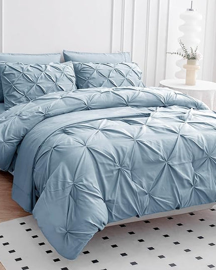 LANE LINEN Bedding Comforter Set Full Size, 7 Piece Full Size Bed in a Bag Set, Soft Bedding Sets Full Size, Pintuck Full Bed Set, Full Comforter Sets with Sheets, Pillowcases & Shams - French Blue - LeafyLoom