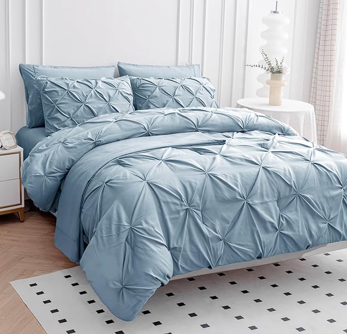 LANE LINEN Comforters Queen Size, 7 Piece Queen Comforter Set, Soft Queen Size Comforter Sets, Pintuck Queen Bed Set, Fluffy Comforters Queen Size Set with Sheets, Pillowcases & Shams - French Blue - LeafyLoom