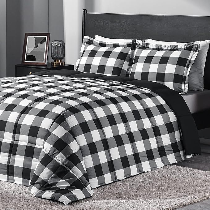 downluxe Lightweight Plaid Comforter Set (Twin) with 1 Pillow Sham - 2-Piece Set - Black/White Plaid - Down Alternative Reversible Comforter - LeafyLoom
