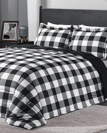 downluxe Lightweight Plaid Comforter Set (Queen) with 2 Pillow Shams - 3-Piece Set - Black/White Plaid - Down Alternative Reversible Comforter - LeafyLoom