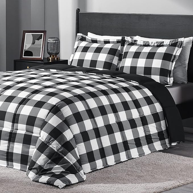 downluxe Lightweight Plaid Comforter Set (Queen) with 2 Pillow Shams - 3-Piece Set - Black/White Plaid - Down Alternative Reversible Comforter - LeafyLoom