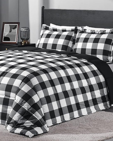 downluxe Lightweight Plaid Comforter Set (King) with 2 Pillow Shams - 3-Piece Set - Black/White Plaid - Down Alternative Reversible Comforter - LeafyLoom