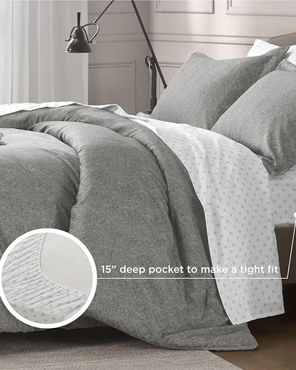 7-Piece King Size Comforter Set with Sheets, Modern Chambray Printed Bed in a Bag Bedding Sets, Grey, includes Fitted Sheet, Flat Sheet, Comforter, 2 Pillowcases & 2 Shams - LeafyLoom
