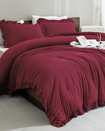 Andency Burgundy Comforter Set Full Size, 3 Pieces Solid Ruffle Shabby Chic Bedding Comforter Sets, All Season Lightweight Fluffy Soft Microfiber Bedding Set (79x90 Comforter & 2 Pillowcases) - LeafyLoom