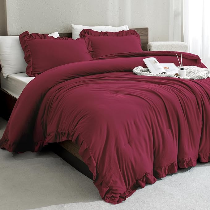Andency Burgundy Comforter Set Full Size, 3 Pieces Solid Ruffle Shabby Chic Bedding Comforter Sets, All Season Lightweight Fluffy Soft Microfiber Bedding Set (79x90 Comforter & 2 Pillowcases) - LeafyLoom