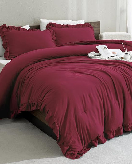 Andency Burgundy California King Comforter Set, 3 Pieces Cal King Ruffle Farmhouse Shabby Chic Comforter, Oversized All Season Lightweight Soft Microfiber Bedding Comforter (104x96Inch) - LeafyLoom