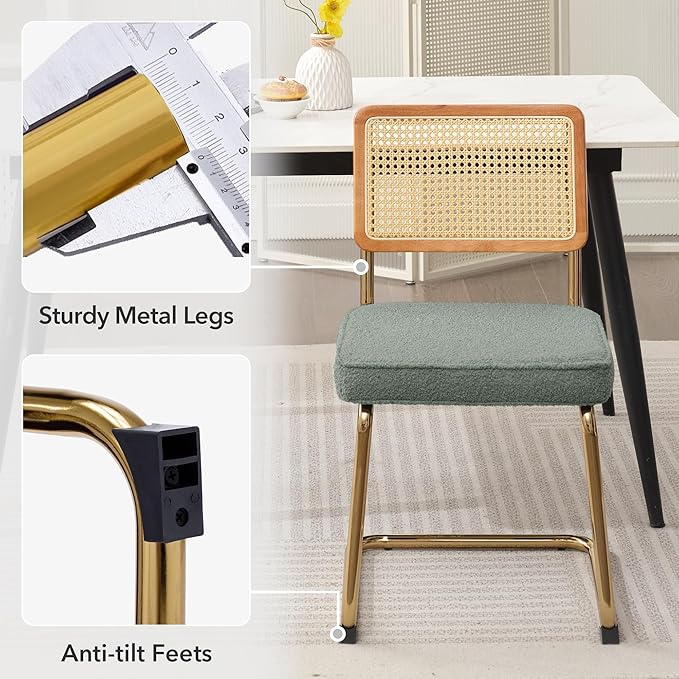 Rattan Dining Chairs Set of 2, Mid Century Modern Sherpa Dining Room Kitchen Chairs with Cane Back, Metal Chrome Legs, Upholstered Wicker Armless Accent Chairs, Green - LeafyLoom