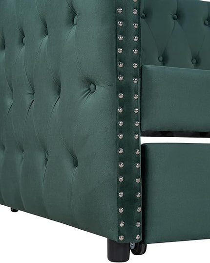 Twin Size Tufted Upholstered Daybed with Trundle, Solid Wood Velvet Bed with Rivet Design, No Box-spring Needed, for Living Room, Bedroom, Dorm, Space-Saving Design - LeafyLoom